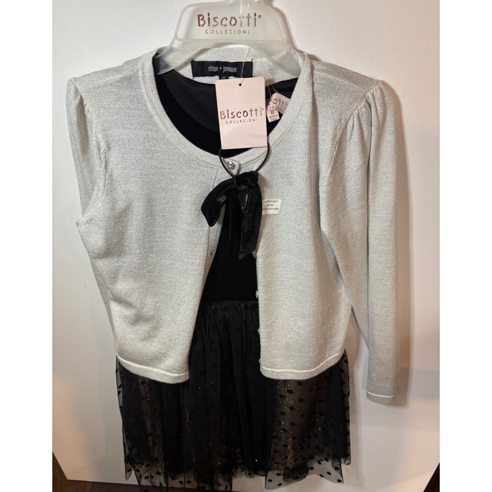 Biscotti Collezioni Girls Dress Set 10 Silver Cardigan Black Tulle Polka Dot - Picture 2 of 9
